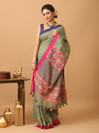 Greenish Grey Handcrafted Linen Saree with Kantha Embroidery