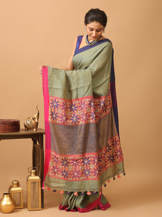 Greenish Grey Handcrafted Linen Saree with Kantha Embroidery