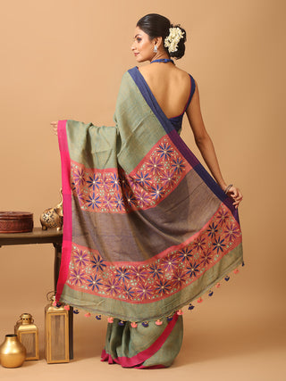 Greenish Grey Handcrafted Linen Saree with Kantha Embroidery