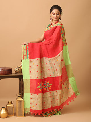Red And Green Linen Saree with Hand Gujarati Embroidery