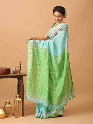 Aqua Blue Linen Saree with Hand Parsi Embroidery
