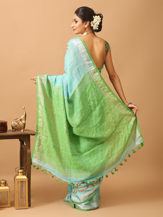 Aqua Blue Linen Saree with Hand Parsi Embroidery