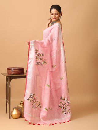 Pink Linen Saree with Machine Embroidery