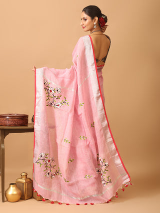 Pink Linen Saree with Machine Embroidery