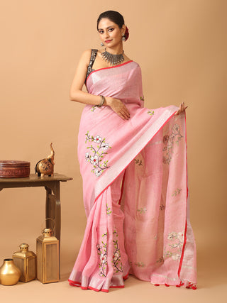 Pink Linen Saree with Machine Embroidery