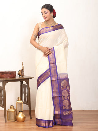 White Checkered Pure Cotton Gadwal Saree With Ink Blue Pure Silk Border And Pallu