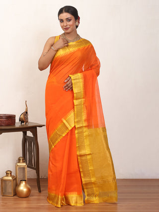 Orange Pure Cotton Gadwal Saree With Yellow Pure Silk Border And Pallu