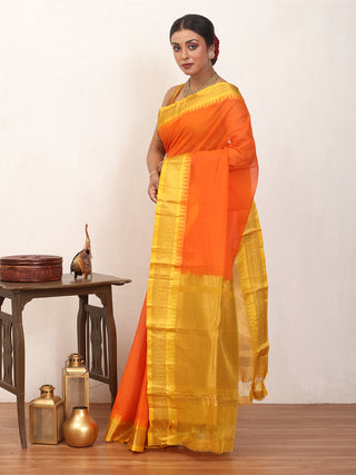 Orange Pure Cotton Gadwal Saree With Yellow Pure Silk Border And Pallu