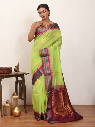 Lime Green Pure Cotton Gadwal Saree With Multicolour Pure Silk Border