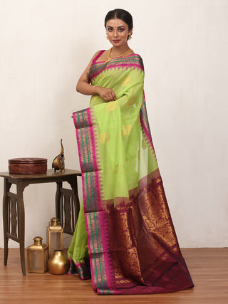Lime Green Pure Cotton Gadwal Saree With Multicolour Pure Silk Border
