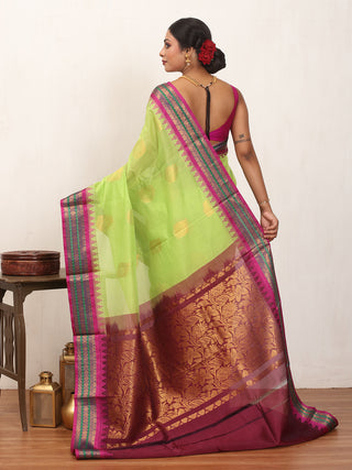 Lime Green Pure Cotton Gadwal Saree With Multicolour Pure Silk Border