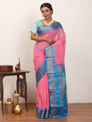 Lotus Pink Checkered Pure Cotton Gadwal Saree With Turquoise Blue Pure Silk Border