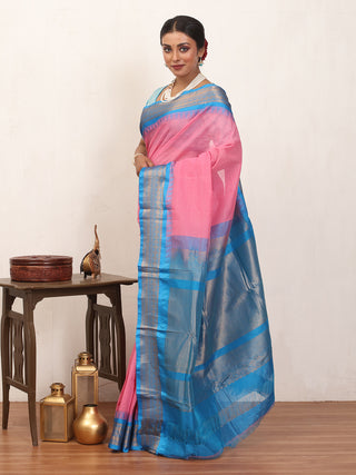 Lotus Pink Checkered Pure Cotton Gadwal Saree With Turquoise Blue Pure Silk Border
