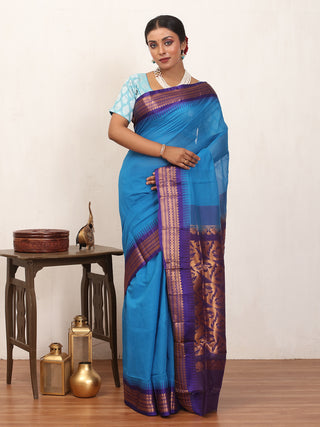Azure Blue Pure Cotton Gadwal Saree With Indigo Blue Pure Silk Border
