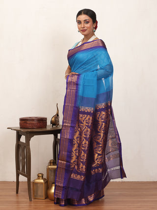 Azure Blue Pure Cotton Gadwal Saree With Indigo Blue Pure Silk Border