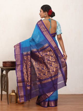 Azure Blue Pure Cotton Gadwal Saree With Indigo Blue Pure Silk Border