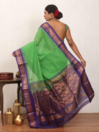 Leaf Green Pure Cotton Gadwal Saree With Indigo Blue Pure Silk Border