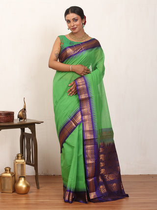 Leaf Green Pure Cotton Gadwal Saree With Indigo Blue Pure Silk Border