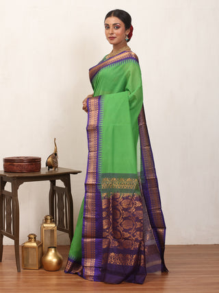 Leaf Green Pure Cotton Gadwal Saree With Indigo Blue Pure Silk Border