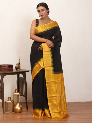 Black Pure Cotton Gadwal Saree With Yellow Pure Silk Border