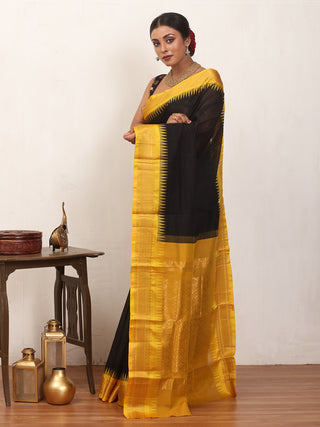 Black Pure Cotton Gadwal Saree With Yellow Pure Silk Border