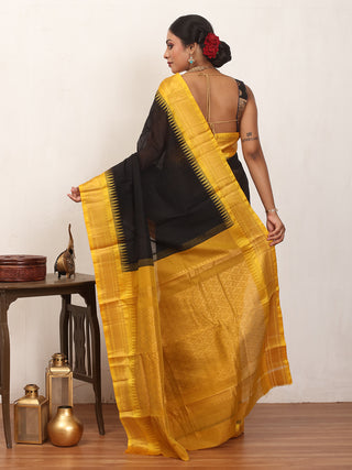 Black Pure Cotton Gadwal Saree With Yellow Pure Silk Border