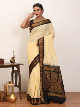 Cream Pure Cotton Checkered Gadwal Saree With Black Pure Silk Border