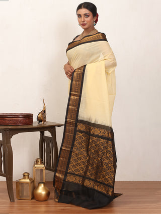 Cream Pure Cotton Checkered Gadwal Saree With Black Pure Silk Border