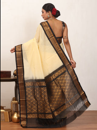 Cream Pure Cotton Checkered Gadwal Saree With Black Pure Silk Border