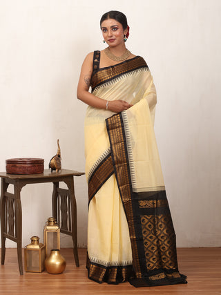 Cream Pure Cotton Gadwal Saree With Black Pure Silk Border