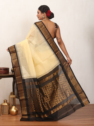Cream Pure Cotton Gadwal Saree With Black Pure Silk Border