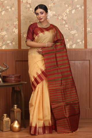 Sandal Colour Hand Woven SiCo(Silk Cotton) Gadwal Saree With Maroon Pure Silk Border