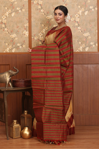 Sandal Colour Hand Woven SiCo(Silk Cotton) Gadwal Saree With Maroon Pure Silk Border