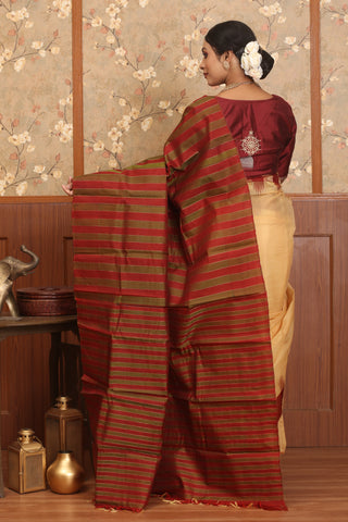 Sandal Colour Hand Woven SiCo(Silk Cotton) Gadwal Saree With Maroon Pure Silk Border