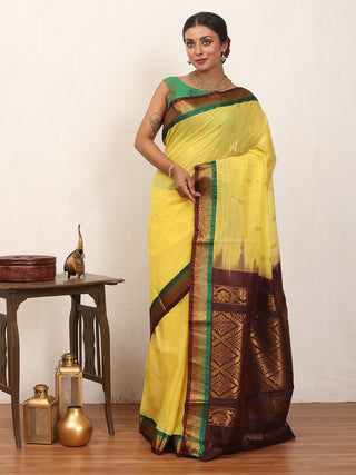 Canary Yellow Pure Cotton Gadwal Saree With Multicolour Pure Silk Border
