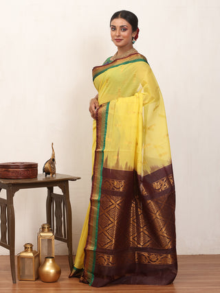 Canary Yellow Pure Cotton Gadwal Saree With Multicolour Pure Silk Border