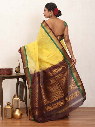 Canary Yellow Pure Cotton Gadwal Saree With Multicolour Pure Silk Border