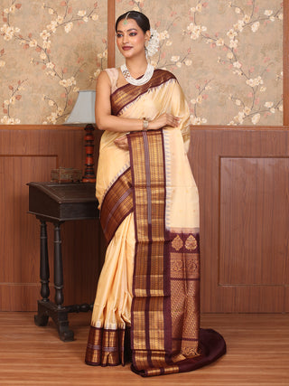 Sandal Colour Pure Silk Gadwal Saree With Coffee Brown Border