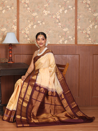 Sandal Colour Pure Silk Gadwal Saree With Coffee Brown Border