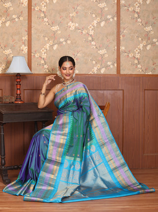 Dual Tone(Green And Blue) Pure Silk Gadwal Saree With Turquoise Blue Border