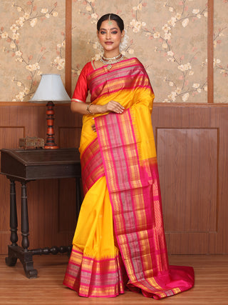 Golden Yellow Pure Silk Gadwal Saree With Fuchsia Border