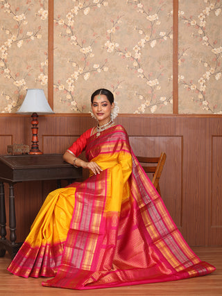 Golden Yellow Pure Silk Gadwal Saree With Fuchsia Border