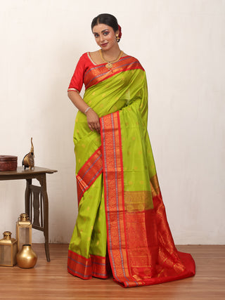 Parrot Green Pure Silk Gadwal Saree With Vermillion Red Border