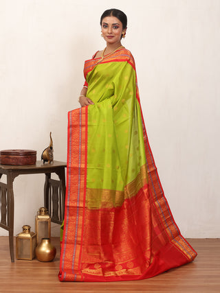 Parrot Green Pure Silk Gadwal Saree With Vermillion Red Border