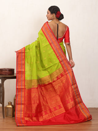 Parrot Green Pure Silk Gadwal Saree With Vermillion Red Border