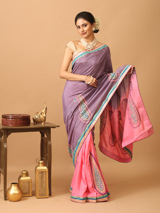 Pink And Mauve Georgette Saree With Gujarati Hand Embroidery
