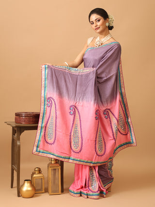 Pink And Mauve Georgette Saree With Gujarati Hand Embroidery
