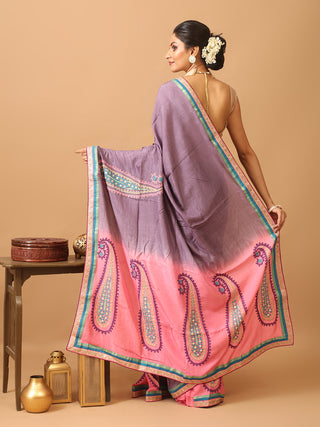 Pink And Mauve Georgette Saree With Gujarati Hand Embroidery