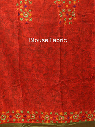 Designer Olive Green, Purple And Red Georgette Sari With Gujarati Hand Embroidery