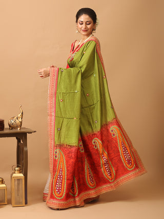 Designer Olive Green, Purple And Red Georgette Sari With Gujarati Hand Embroidery